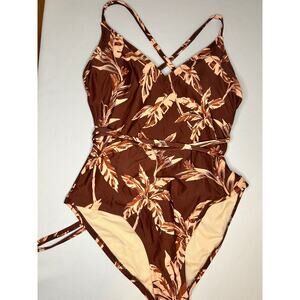 Kona Sol One Piece Swimsuit Women L 12-14 Brown Tropical Wrap Tie Crossback